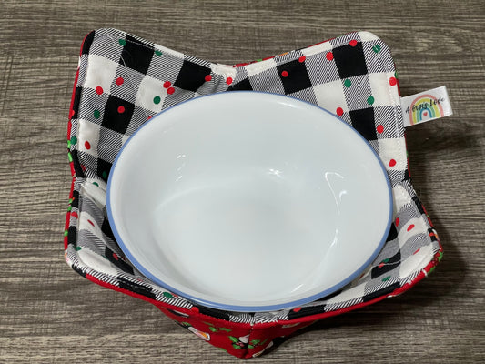 Bowl cozy - Snowman red plaid/polka dots